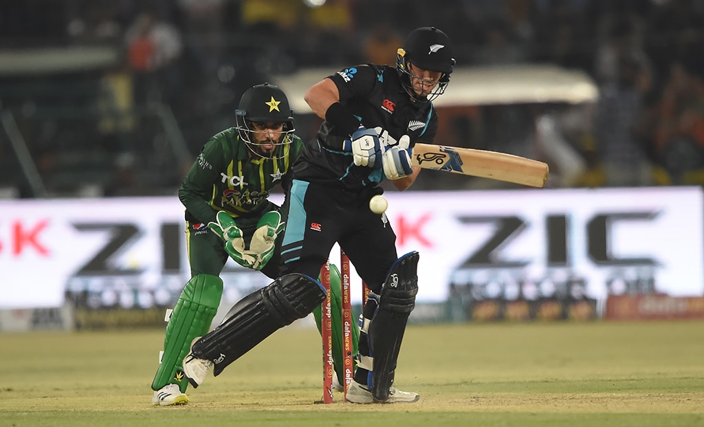 LAHORE: New Zealand's Mark Chapman plays a shot during the second Twenty20 cricket match between Pakistan and New Zealand at the Gaddafi Cricket Stadium on April 15, 2023. – AFP