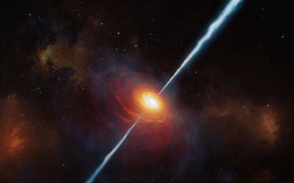 This handout photo made available by the European Southern Observatory on March 5, 2021 shows an artist's impression of how the distant quasar P172+18 and its radio jets may have looked. - AFP