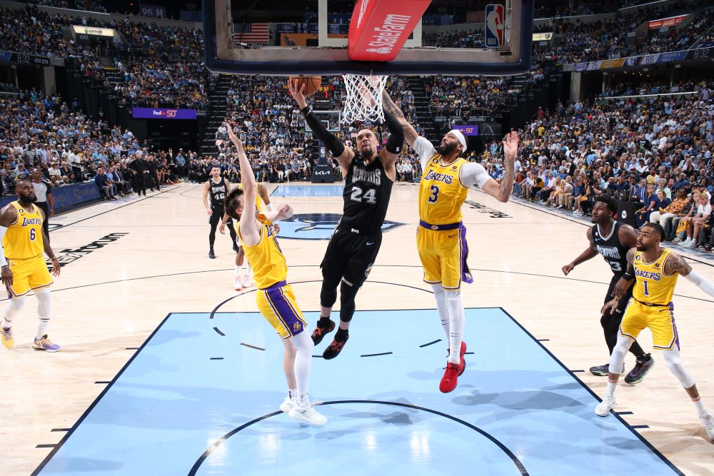 MEMPHIS: Dillon Brooks #24 of the Memphis Grizzlies drives to the basket during the game against the Los Angeles Lakers during Round One Game Two of the 2023 NBA Playoffs on April 19, 2023 at FedExForum in Memphis, Tennessee. - AFP