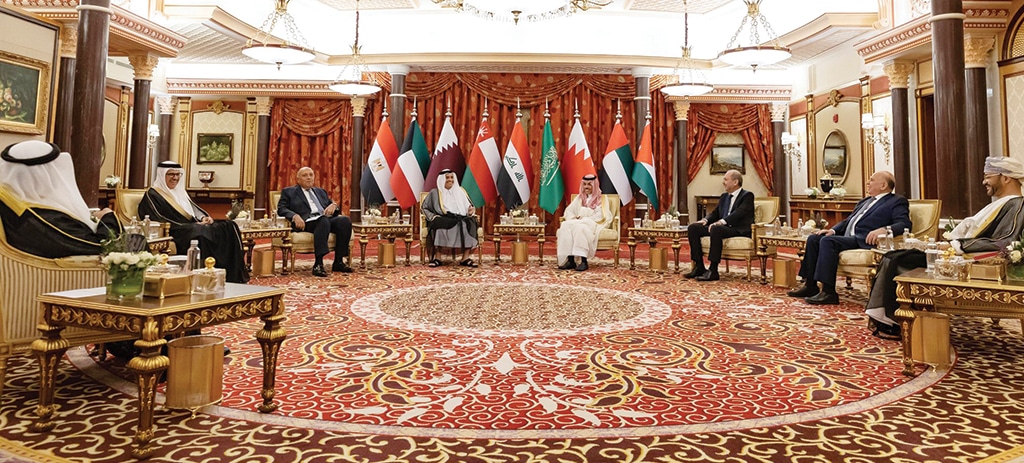 JEDDAH: A handout picture shows the meeting of top diplomats from the six Gulf Cooperation Council countries plus Egypt, Iraq and Jordan, in Jeddah. - AFP