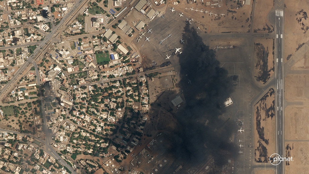 KHARTOUM: This handout aerial SkySat image shows a view of several planes damaged at the Khartoum International Airport. - AFP