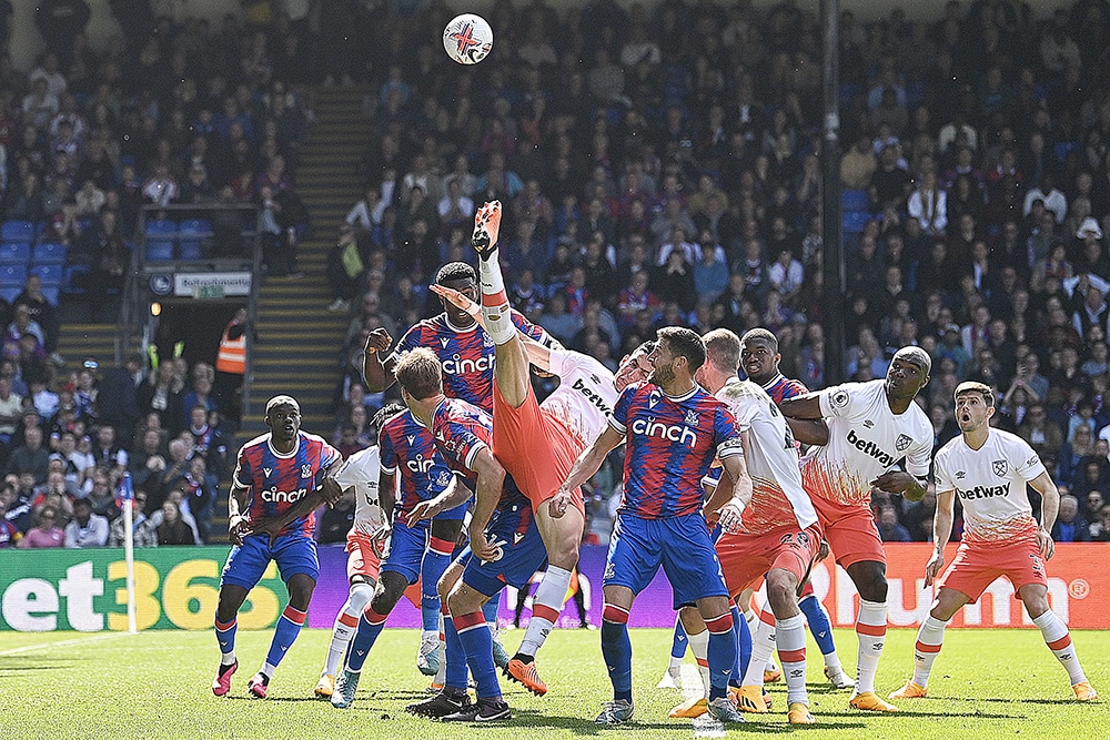 LONDON: West Ham United’s Moroccan defender Nayef Aguerd (center) fails to connect with the ball during the English Premier League football match between Crystal Palace and West Ham United on April 29, 2023. — AFP