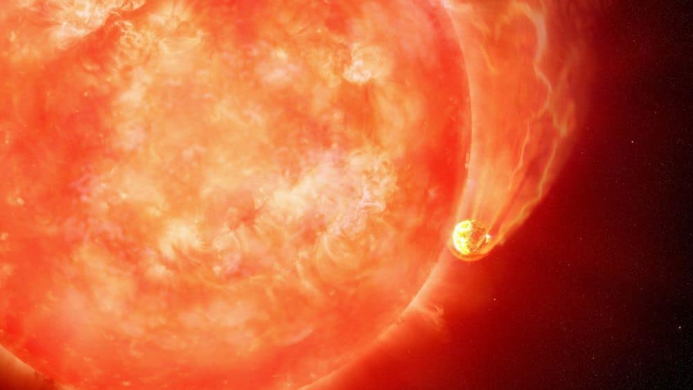 A handout artist impression released by NSF's NOIRLab on May 3, 2023, shows a star devouring one of its planets as astronomers, using the Gemini South telescope in Chile, operated by NSF’s NOIRLab, have observed the first compelling evidence of a dying Sun-like star engulfing an exoplanet. - AFP