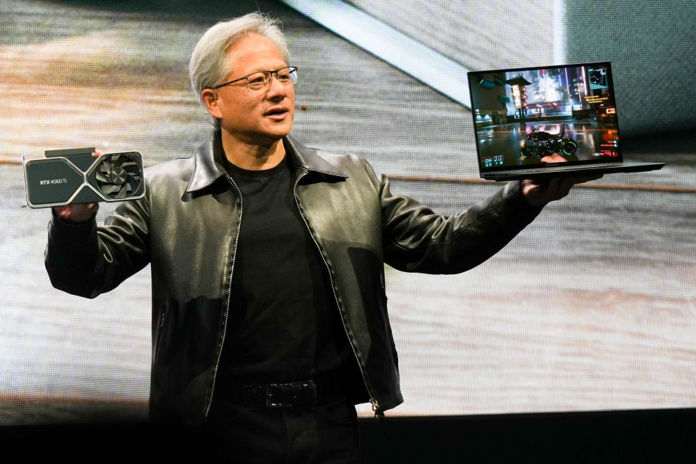 TAIPEI: This handout picture taken and released by Nvidia shows Nvidia founder and chief Jensen Huang speaking during the Computex 2023 in Taipei on May 29, 2023. - AFP