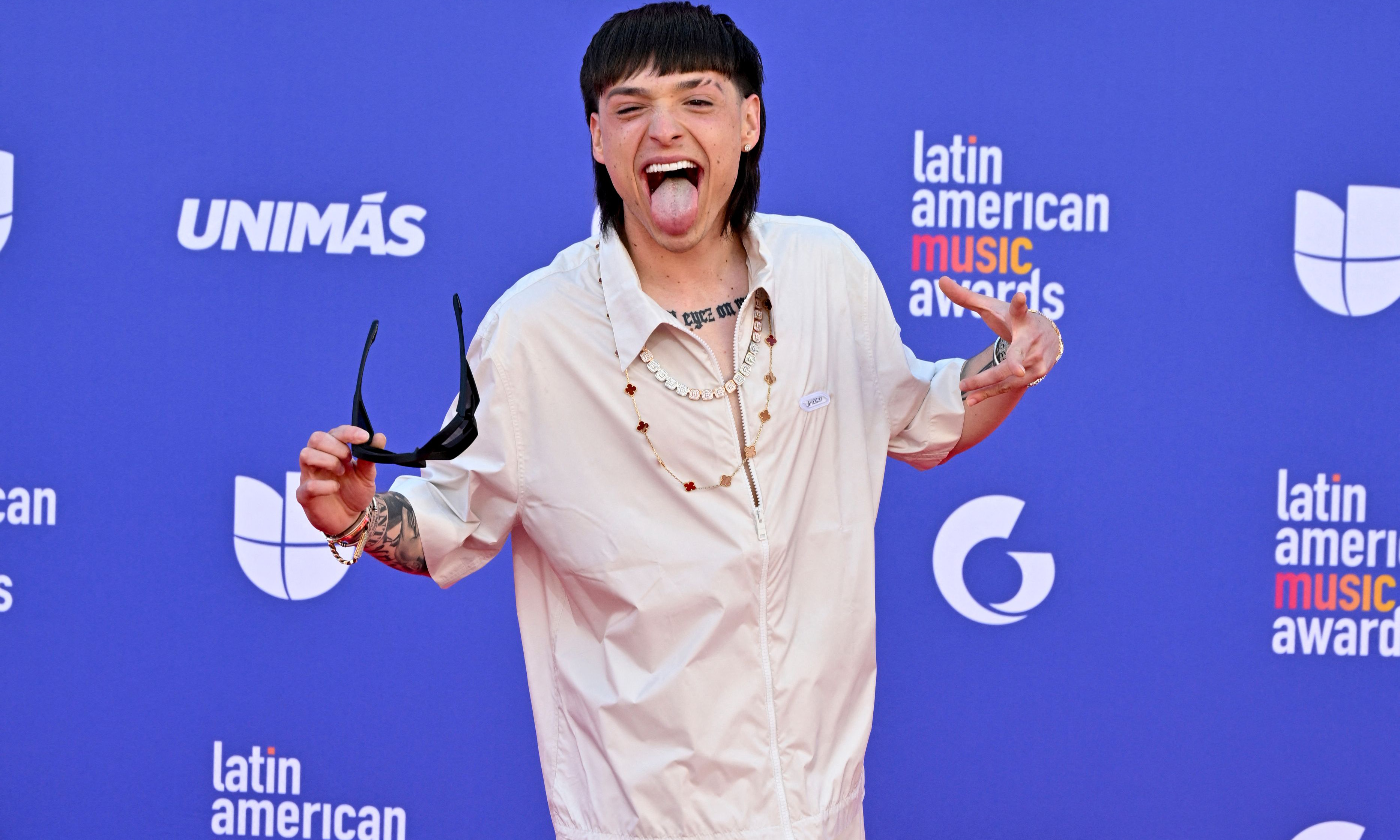 Mexican singer Peso Pluma arrives for the 8th annual Latin American Music Awards at the MGM Grand Garden Arena in Las Vegas, Nevada.- AFP