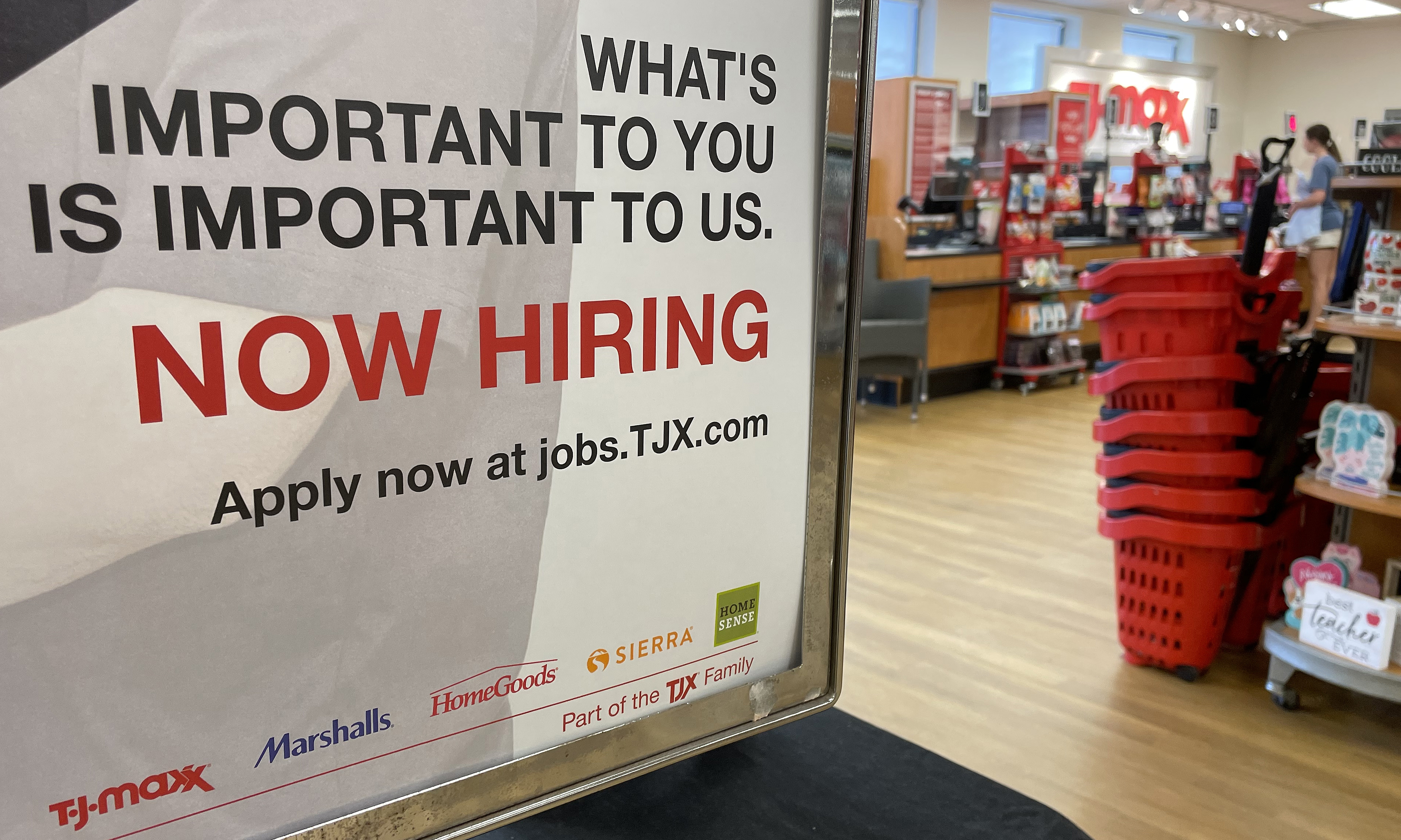 ANNAPOLIS: In this file photo taken on May 16, 2022 a “Now Hiring” sign at T J Maxx in Annapolis, Maryland.— AFP
