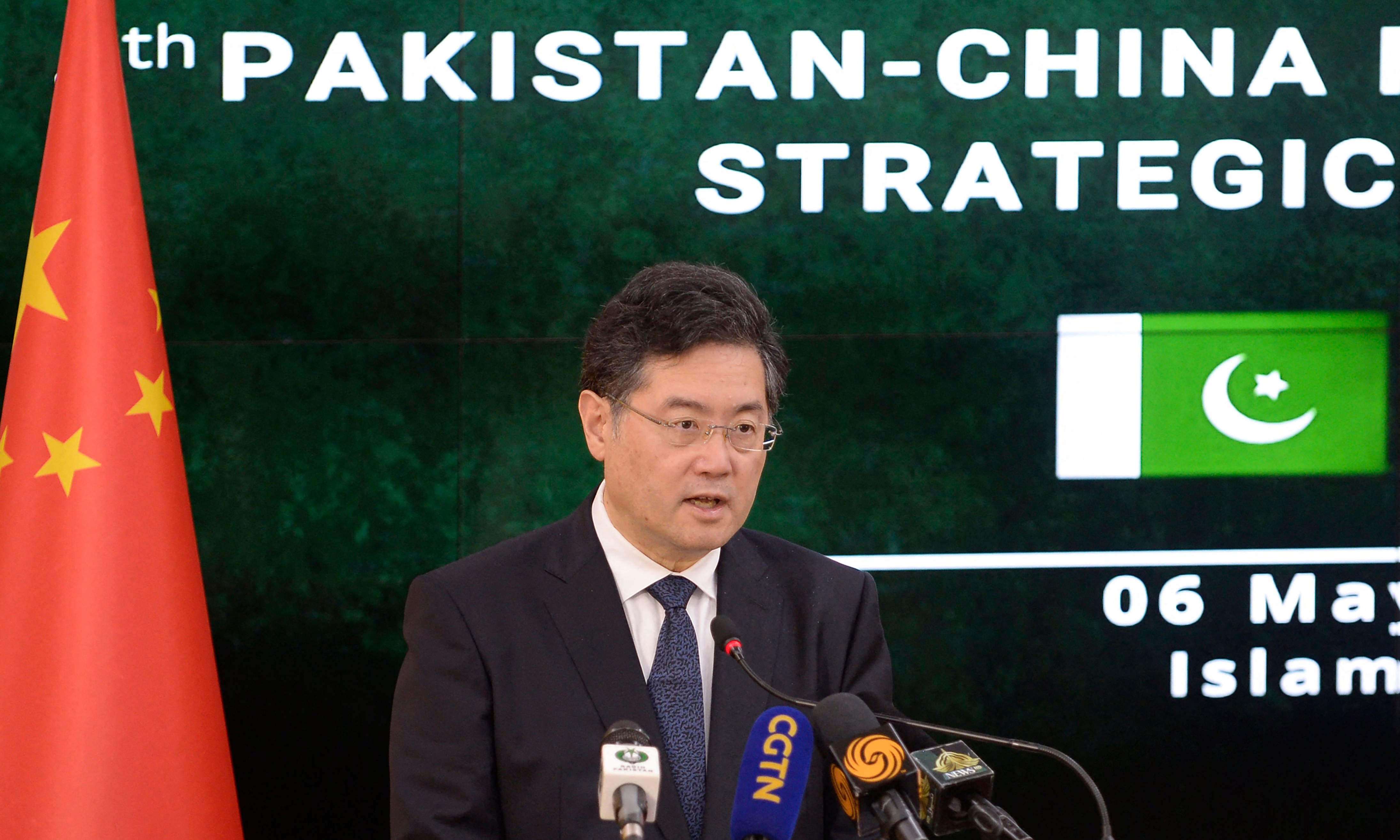 ISLAMABAD: Chinese Foreign Minister Qin Gang addresses a joint press conference along with his Pakistani counterpart Bilawal Bhutto Zardari (not pictured) at the foreign ministry in Islamabad on May 6, 2023. – AFP