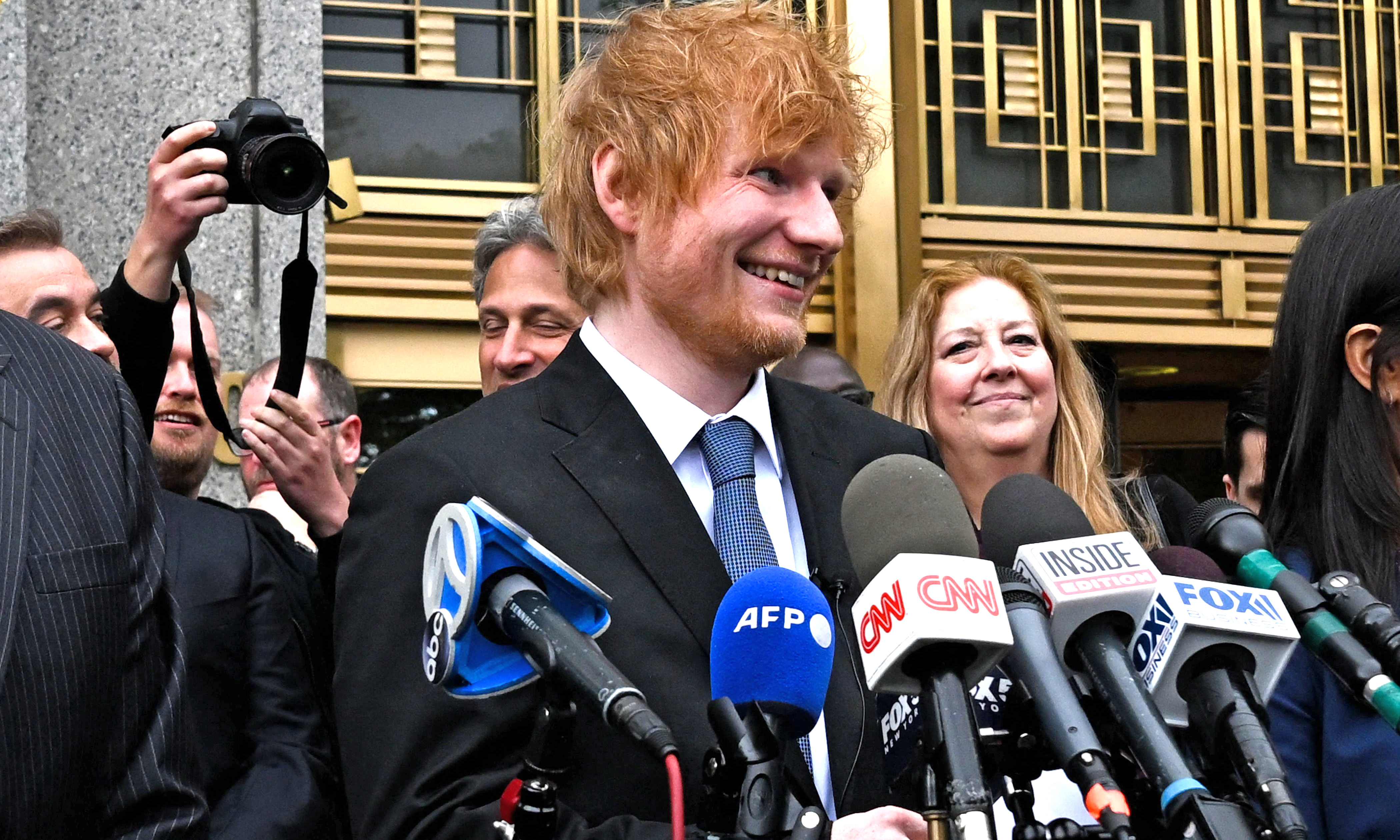 Ed Sheeran leaves Manhattan Federal Court and speaks to members of the media after he was found not guilty in a music copyright trial.