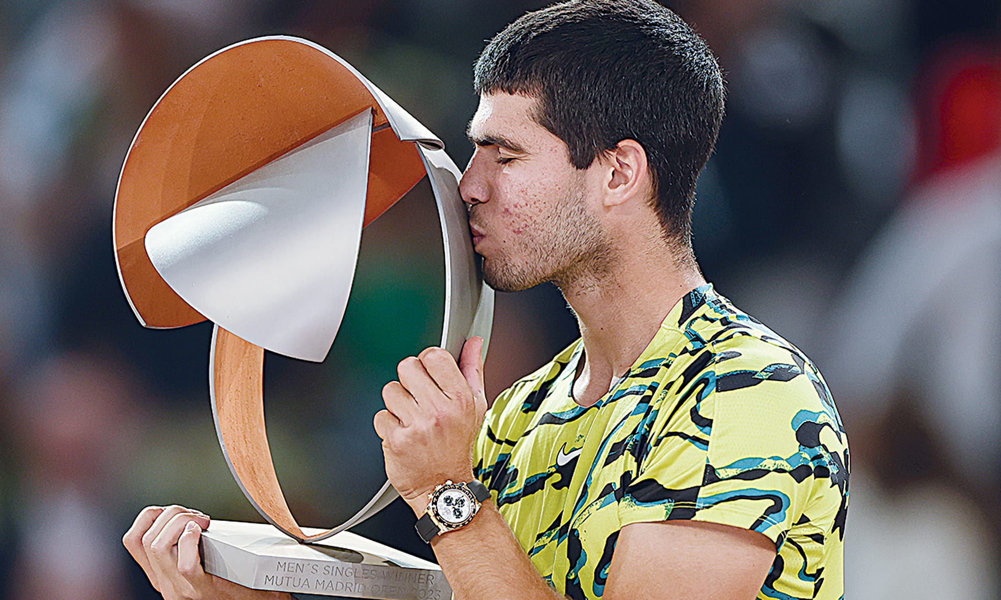 MADRID: Spain’s Carlos Alcaraz poses for pictures with the trophy after winning the 2023 ATP Tour Madrid Open tennis tournament singles final match against Germany’s Jan-Lennard Struff on May 7, 2023. - AFP