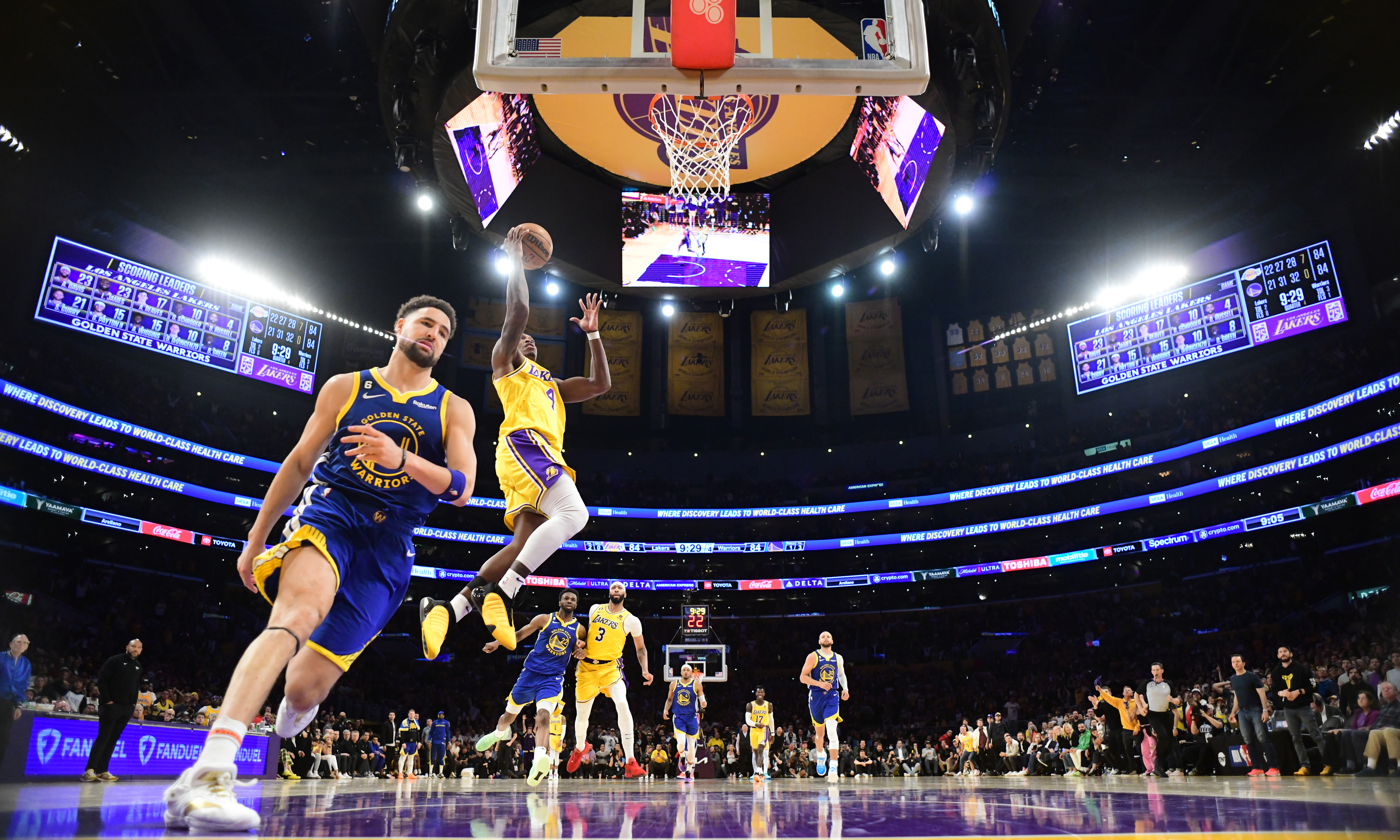 LOS ANGELES, CA - MAY 8: Lonnie Walker IV #4 of the Los Angeles Lakers drives to the basket during Game Four of the Western Conference Semi-Finals of the 2023 NBA Playoffs against the Golden State Warriors on May 8, 2023 at Crypto.com Arena in Los Angeles, California. NOTE TO USER: User expressly acknowledges and agrees that, by downloading and/or using this Photograph, user is consenting to the terms and conditions of the Getty Images License Agreement. Mandatory Copyright Notice: Copyright 2023 NBAE   Adam Pantozzi/NBAE via Getty Images/AFP (Photo by Adam Pantozzi / NBAE / Getty Images / Getty Images via AFP)