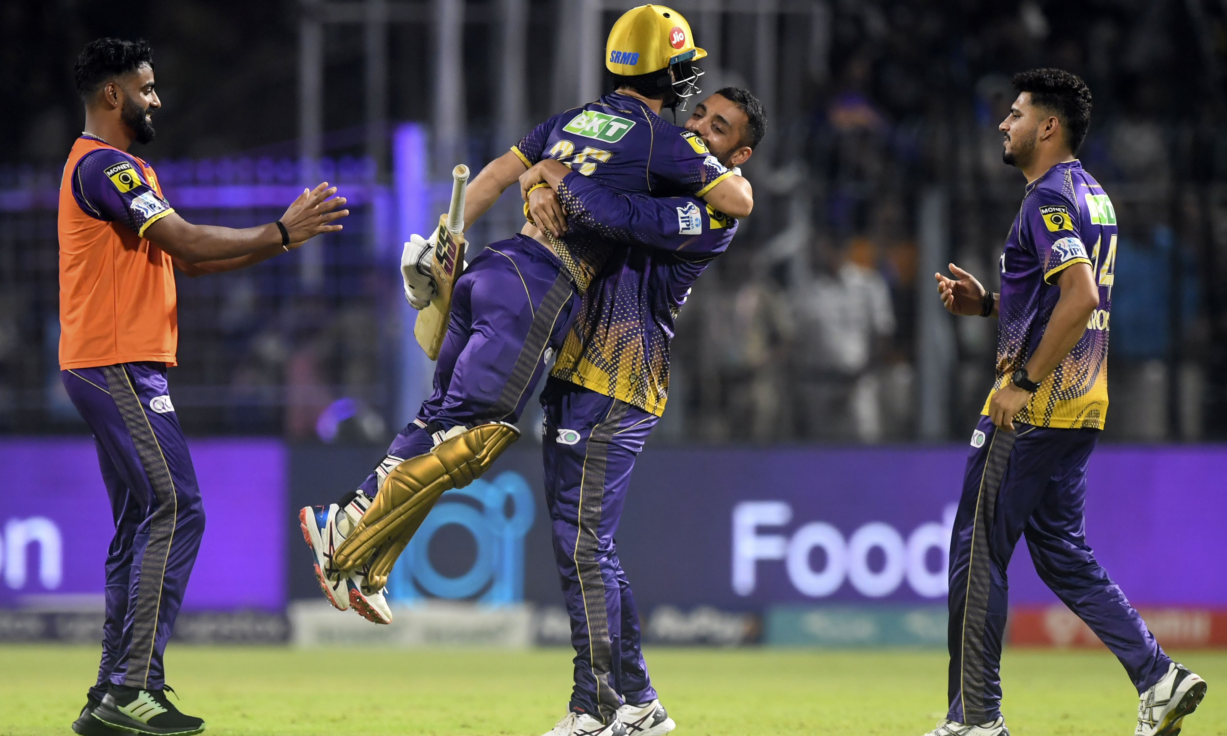 KOLKATA: Kolkata Knight Riders’ Rinku Singh (2nd left) celebrates with Varun Chakravarthy (2nd right) after winning the Indian Premier League (IPL) Twenty20 cricket match between Kolkata Knight Riders and Punjab Kings on May 8, 2023. – AFP