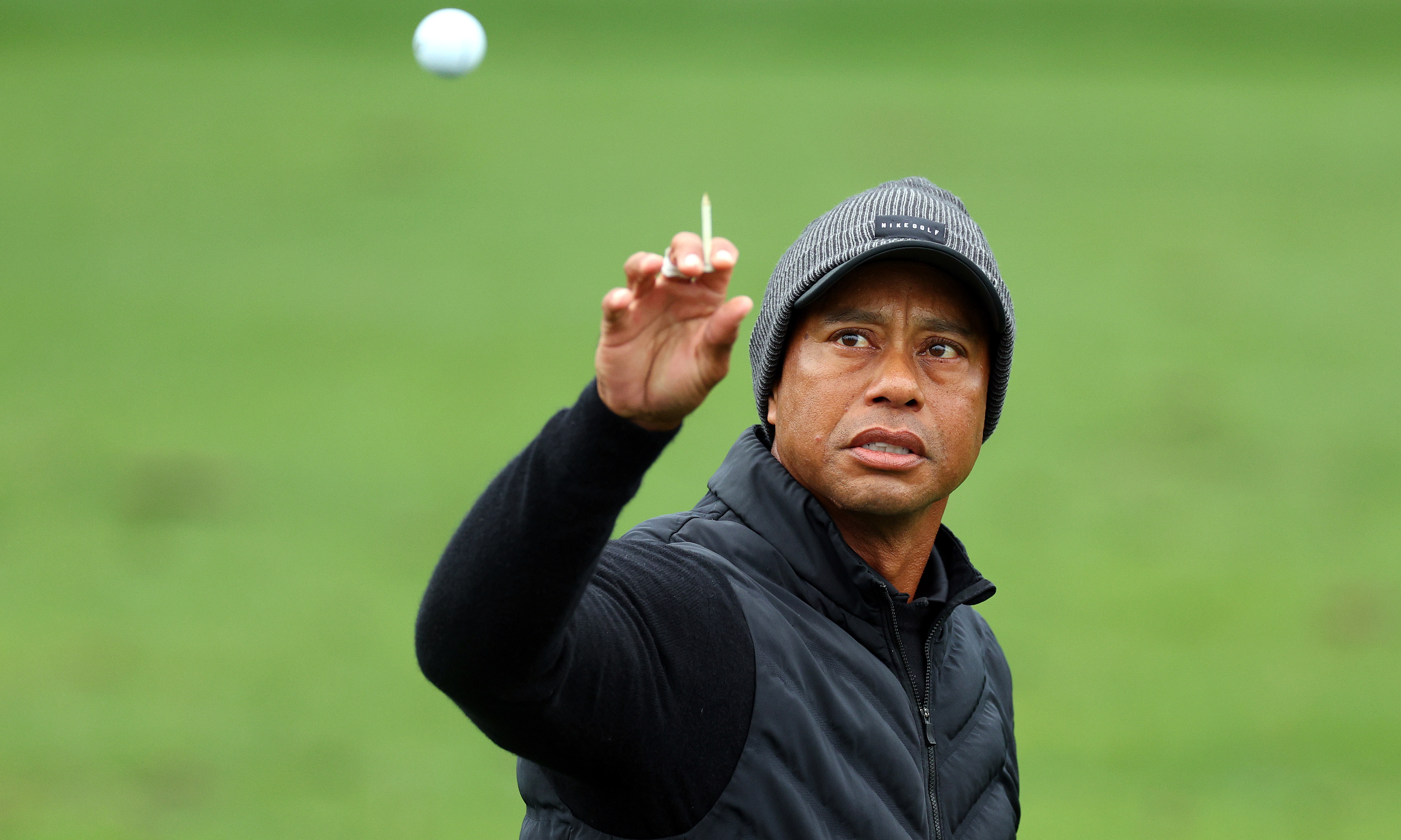 AUGUSTA: Tiger Woods of the United States catches a ball on the practice area during the third round of the 2023 Masters Tournament at Augusta National Golf Club in Augusta, Georgia. – AFP