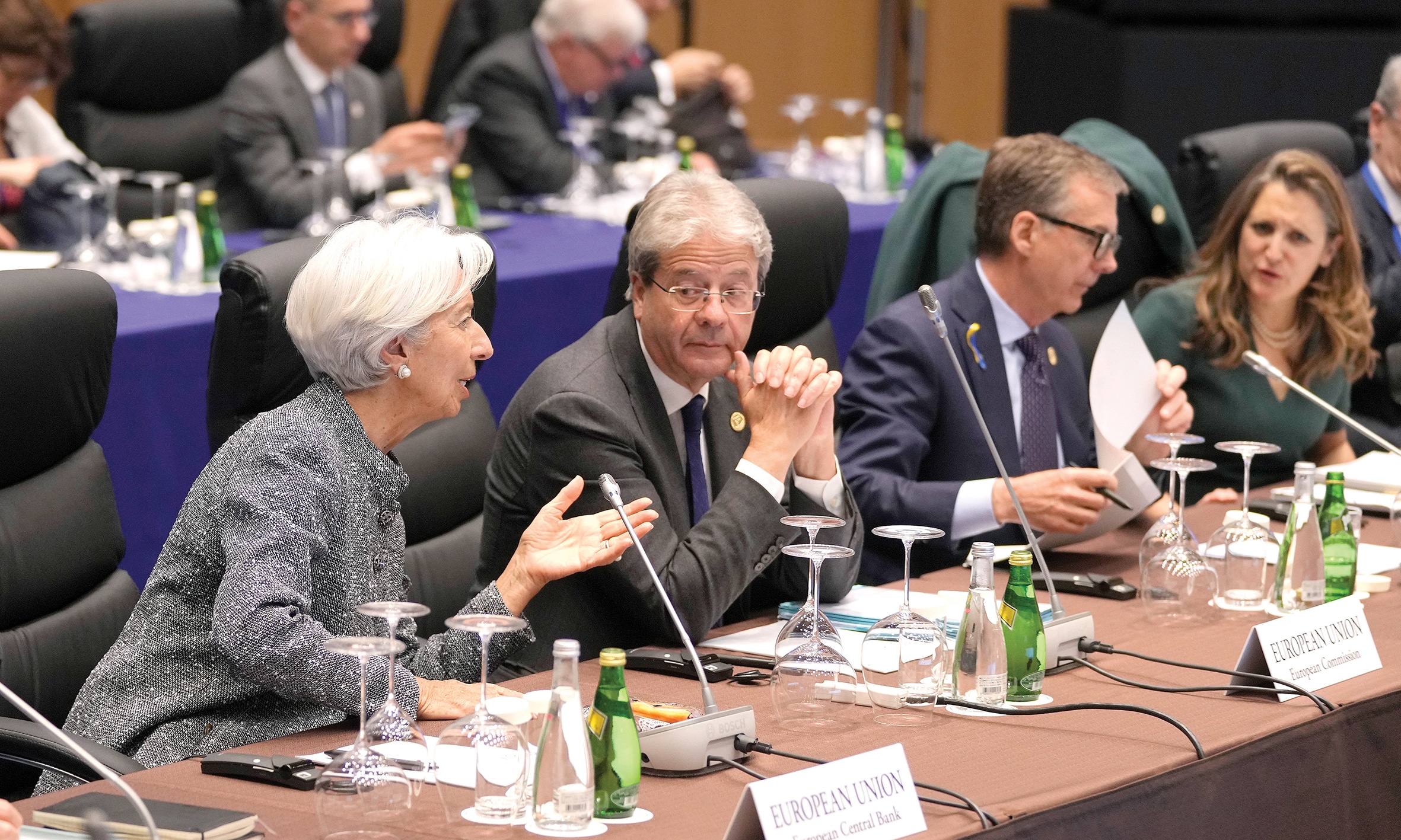 NIIGATA: President of the European Central Bank Christine Lagarde (L) talks with Commissioner for the Economy of the European Commission Paolo Gentiloni (2-L) before the start of the G7 Finance Ministers and Central Bank Governors Meeting opening session at the International Conference Room of Toki Messe in Niigata. – AFPnnnNIIGATA: President of the European Central Bank Christine Lagarde (L) talks with Commissioner for the Economy of the European Commission Paolo Gentiloni (2-L) before the start of the G7 Finance Ministers and Central Bank Governors Meeting opening session at the International Conference Room of Toki Messe in Niigata. – AFP