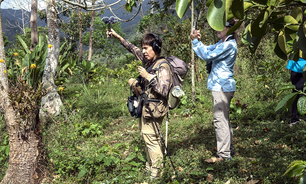 Rosaelena Albornoz (left) uses recording equipment to record bird songs as a group of bird watchers visit the natural forest of the Amaranta Casa de Colibries sanctuary.