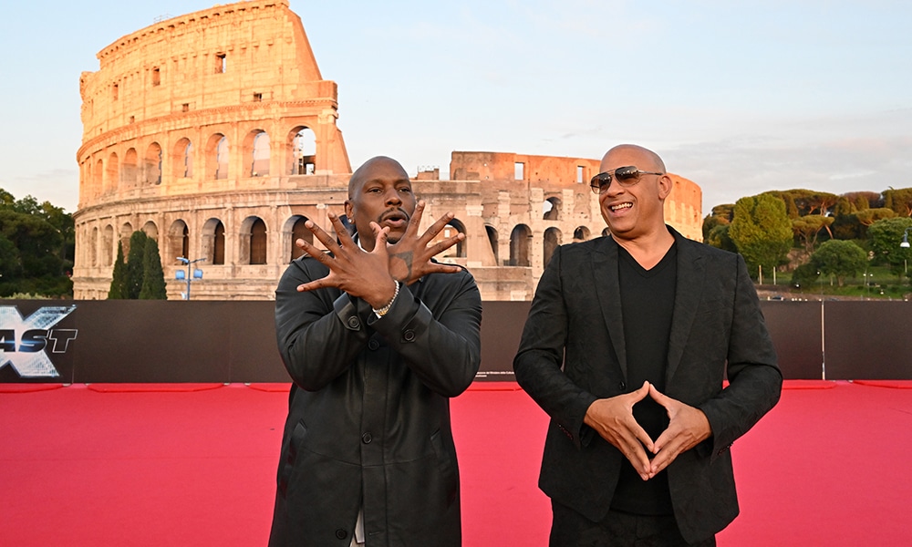 US actor Tyrese Gibson (left) and US actor Vin Diesel arrive for the Premiere of the film 'Fast X', the tenth film in the Fast &amp; Furious Saga at the Colosseum monument in Rome.--AFP photos