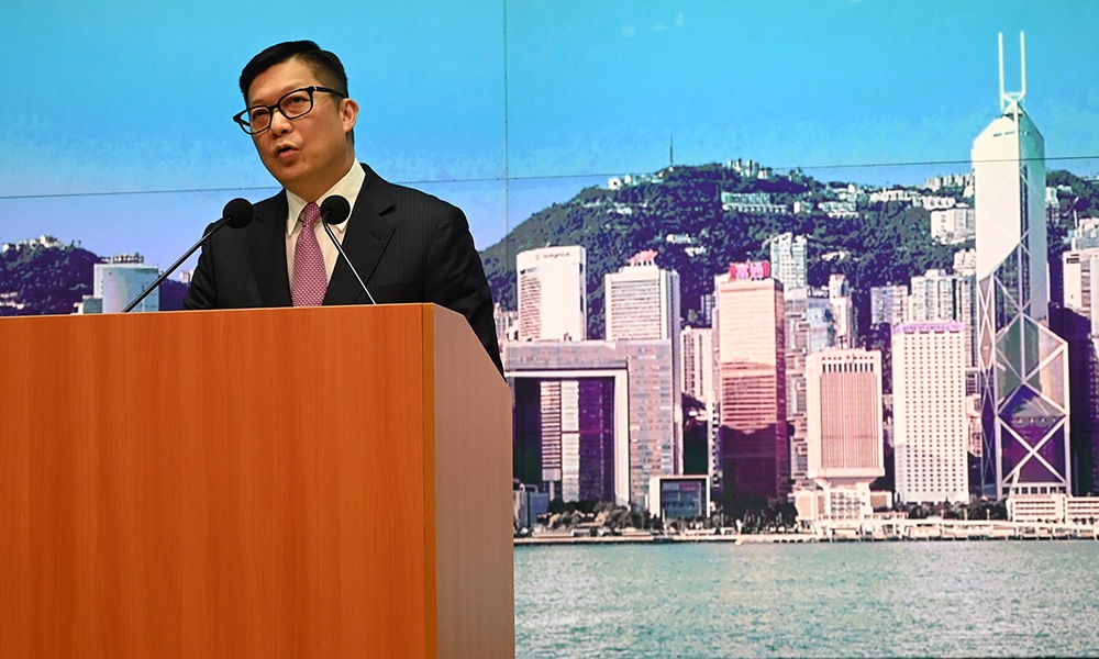 HONG KONG: Hong Kong security minister Chris Tang speaks at a press conference at Government Headquarters in Hong Kong on May 15, 2023. China has sentenced a 78-year-old US citizen to life in prison for espionage, a court said. – AFP