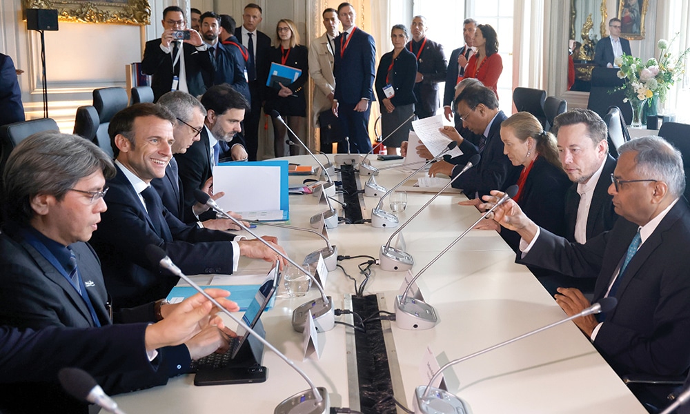 VERSAILLES: France's President Emmanuel Macron (second left) meets with businessmen, including SpaceX, Twitter and electric car maker Tesla CEO Elon Musk (second right) and ArcelorMittal's CEO Lakshmi Mittal (right) during the 6th edition of the 'Choose France' Summit at the Chateau de Versailles, outside Paris on May 15, 2023. – AFP