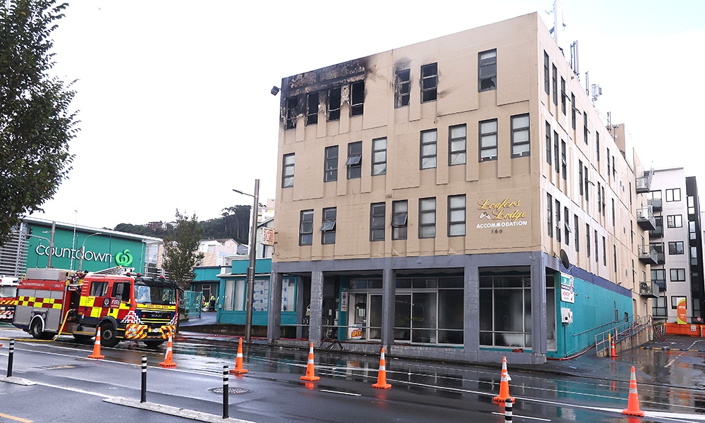 WELLINGTON: Damage is seen on the Loafers Lodge hostel building following a fatal fire in Wellington on May 16, 2023. At least six people have been killed in a fire that erupted in the early hours of Tuesday. – AFP