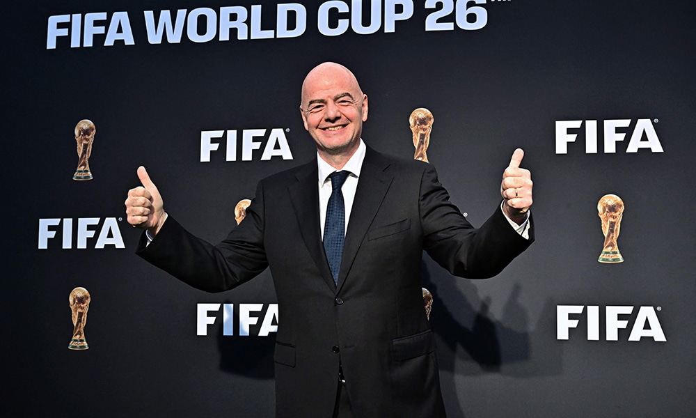 LOS ANGELES:FIFA’s President GianniInfantino arrives for the official FIFA World Cup 2026 brand #WeAre26 campaign launch in Los Angeles, California on May 17, 2023. - AFP