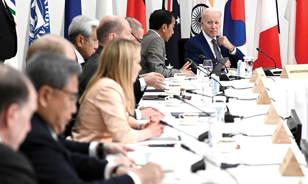 HIROSHIMA, Japan: US President Joe Biden (right) and other world leaders take part in a Partnership for Global Infrastructure and Investment event during the G7 Leaders' Summit in Hiroshima on May 20, 2023. – AFP