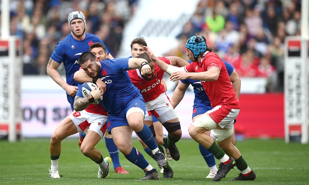 STADE DE FRANCE: France’s prop Cyril Baille (center) is tackled by Wales’ wing Rio Dyer (2nd-left) and Wales’ flanker Justin Tipuric (right) during the Six Nations rugby union international match between France and Wales at Stade de France, in Saint-Denis, north of Paris.- AFP