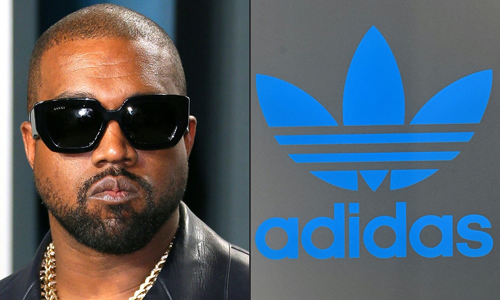 This combination of pictures shows Kanye West attending the 2020 Vanity Fair Oscar Party in Beverly Hills and the Logo of German sports equipment maker Adidas on a shop in Munich.- AFP
