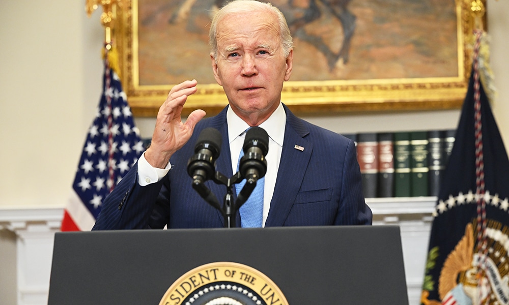 WASHINGTON: US President Joe Biden speaks about debt negotiations in the Roosevelt Room of the White House in Washington, DC.輸FP