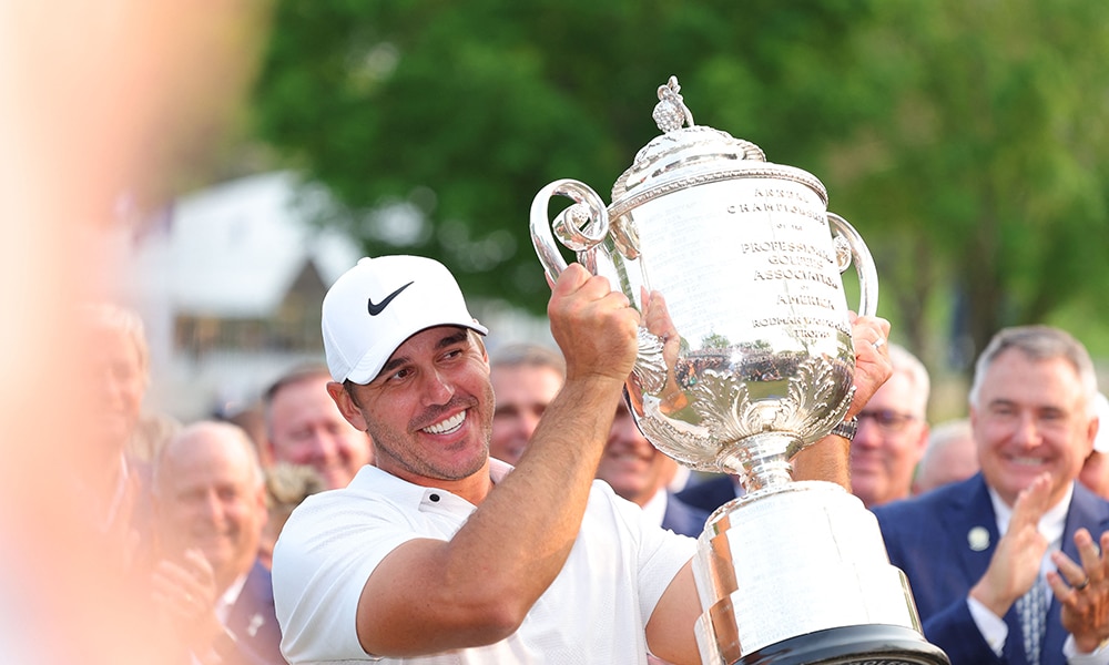 ROCHESTER: Brooks Koepka of the United States celebrates with the Wanamaker Trophy after winning the 2023 PGA Championship at Oak Hill Country Club on May 21, 2023.- AFP