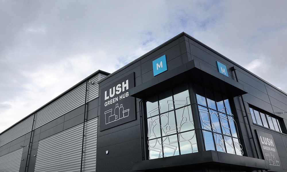 A picture shows the exterior of the Green Hub building where material and products are recycled at Lush cosmetic company in Poole, England.