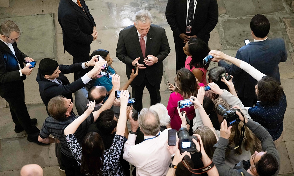 WASHINGTON: US Speaker of the House Kevin McCarthy, Republican of California, speaks to the media about debt ceiling negotiations as he arrives at the US Capitol in Washington, DC, May 25, 2023. – AFP