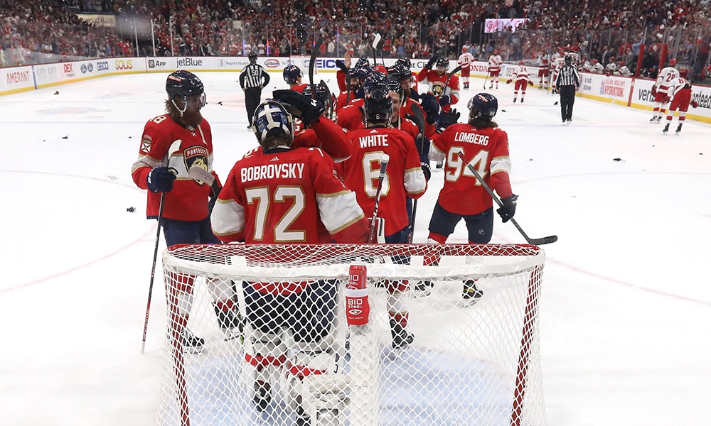FLORIDA: Sergei Bobrovsky #72 of the Florida Panthers celebrates with his teammates after defeating the Carolina Hurricanes in Game Four to win the Eastern Conference Final of the 2023 Stanley Cup Playoffs on May 24, 2023.- AFP