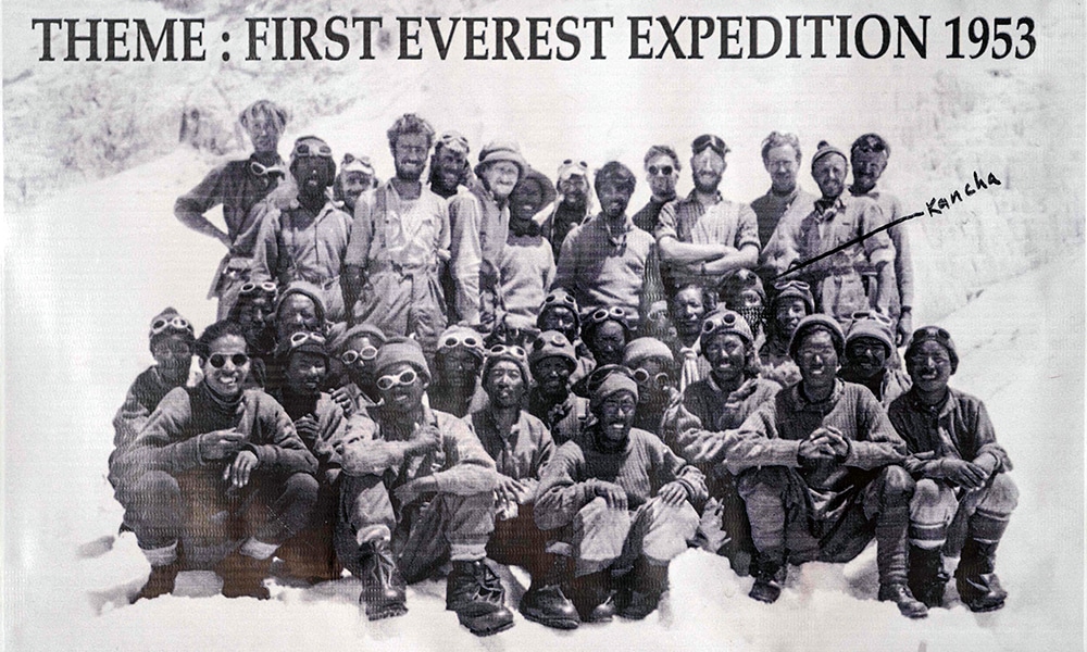 This picture shows a team photograph of the 1953 Mount Everest expedition which placed Tenzing Norgay and Edmund Hillary on the summit of the world's highest mountain, on the eve of International Everest Day, at Namche Bazar in Solukhumbu district, northeast of Kathmandu.--AFP photos