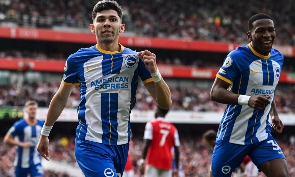 Brighton's Paraguayan striker Julio Enciso celebrates after scoring his team first goal during the English Premier League football match between Arsenal and Brighton and Hove Albion at the Emirates Stadium in London on May 14, 2023.