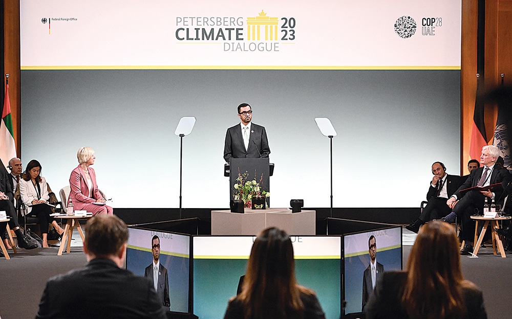 BERLIN: Minister of Industry and Advanced Technology in the United Arab Emirates (UAE) and COP28 UAE President-Designate Sultan Al-Jaber speaks at the Petersberg Climate Dialogue (Petersberger Klimadialog), on May 2, 2023 at the Foreign Office in Berlin. -- AFP