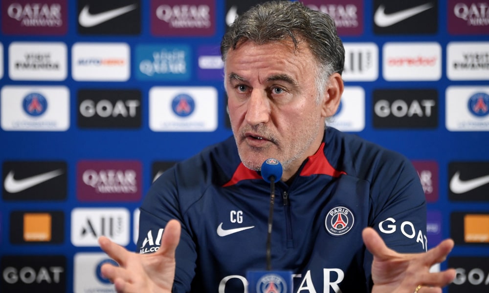 Paris Saint-Germain's French head coach Christophe Galtier speaks during a press conference on the eve of the French L1 football matchbetween PSG and Troyes in Saint-Germain-en-Laye, on the outskirts of Paris, on May 5, 2023.