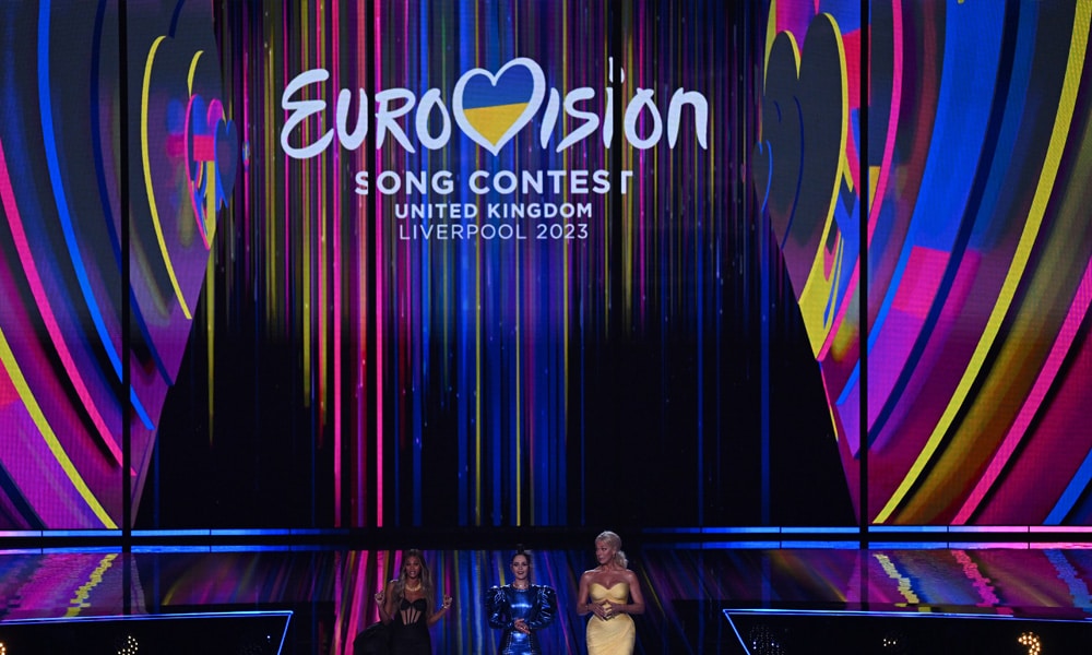 Hosts for the evening (L-R) Alesha Dixon, Julia Sanina and Hannah Waddingham on stage during the second semi-final of the Eurovision Song contest 2023 at the M&amp;S Bank Arena in Liverpool, northern England on May 11, 2023.