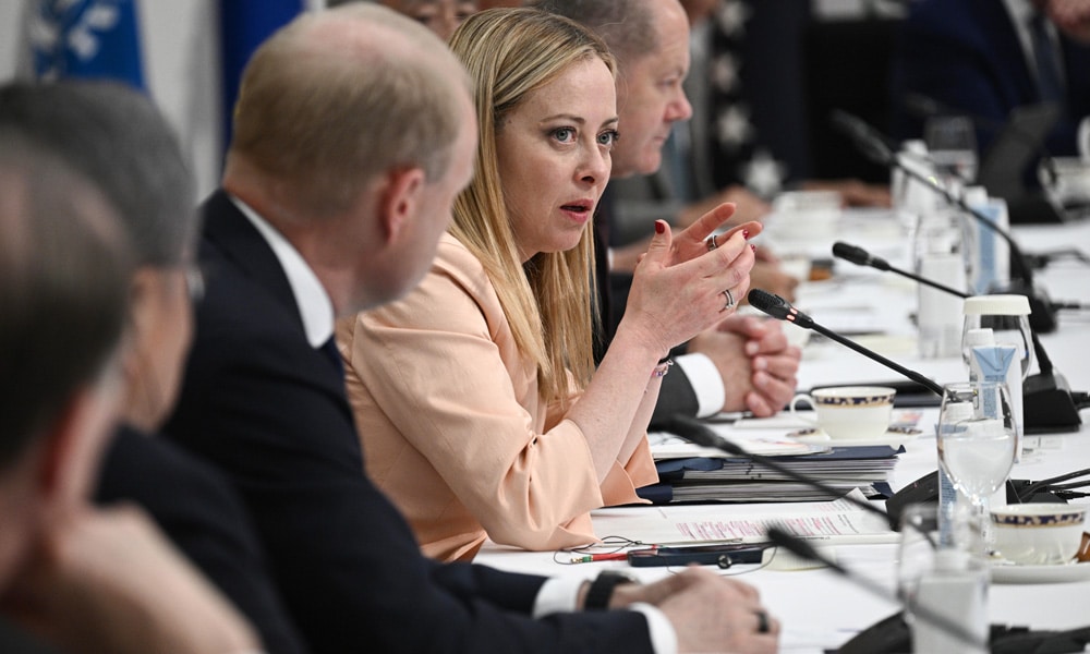 Italy's Prime Minister Giorgia Meloni takes part in a Partnership for Global Infrastructure and Investment event during the G7 Leaders' Summit in Hiroshima on May 20, 2023.