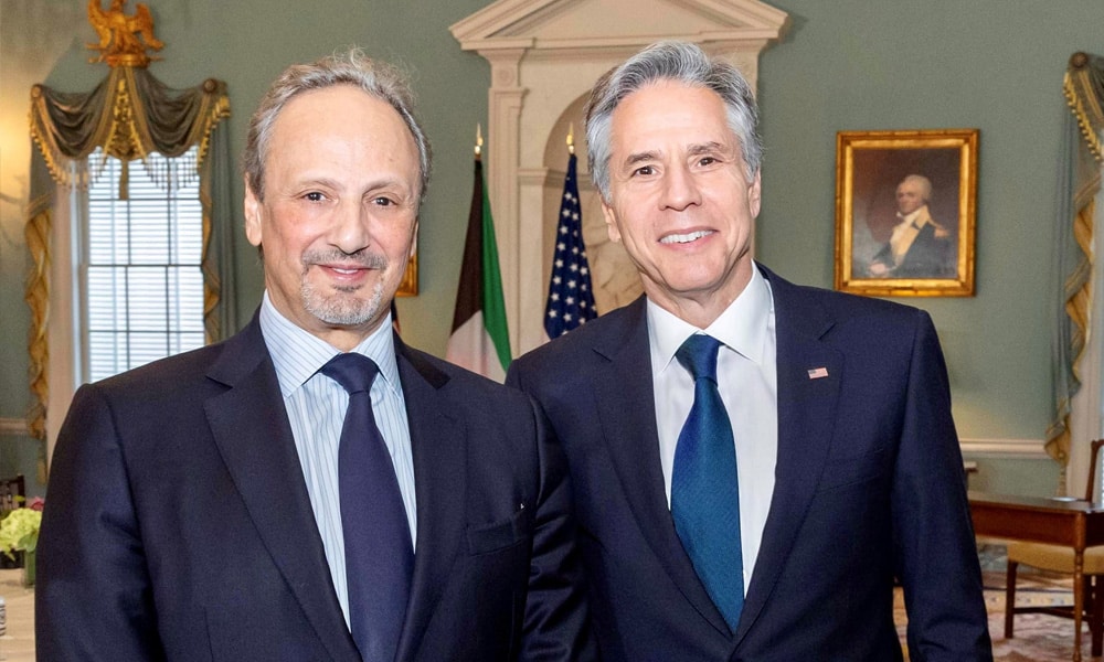 US Secretary of State Antony Blinken with Kuwaiti Foreign Minister Sheikh Salem Abdullah Al-Jaber Al-Sabah in Washington.