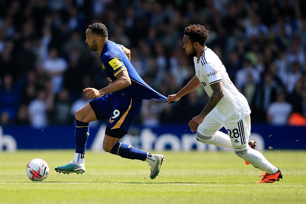 LEEDS: Leeds United’s US midfielder Weston McKennie (right) pulls Newcastle United’s English striker Callum Wilson during the English Premier League football match between Leeds United and Newcastle United on May 13, 2023. – AFP