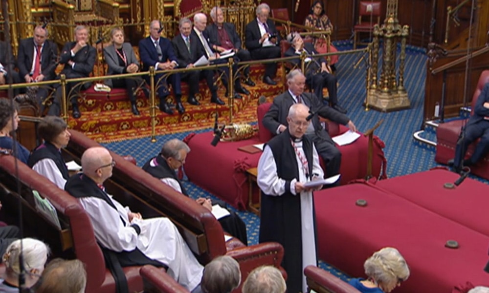 A video grab from footage broadcast by the UK Parliament's Parliamentary Recording Unit (PRU) shows Archbishop of Canterbury Justin Welby speaking during the second reading of the Government's Illegal Immigration Bill, in the House of Lords in London on May 10, 2023.
