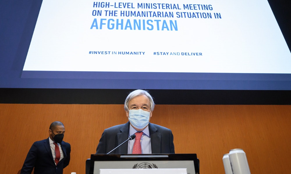 In this file photo taken on September 13, 2021, UN Secretary-General Antonio Guterres looks on during a conference on aid for Afghanistan, in Geneva. Guterres will gather international envoys at a secret location in Doha on May 1, 2023, in an increasingly desperate bid to find ways to influence Afghanistan's Taliban rulers.