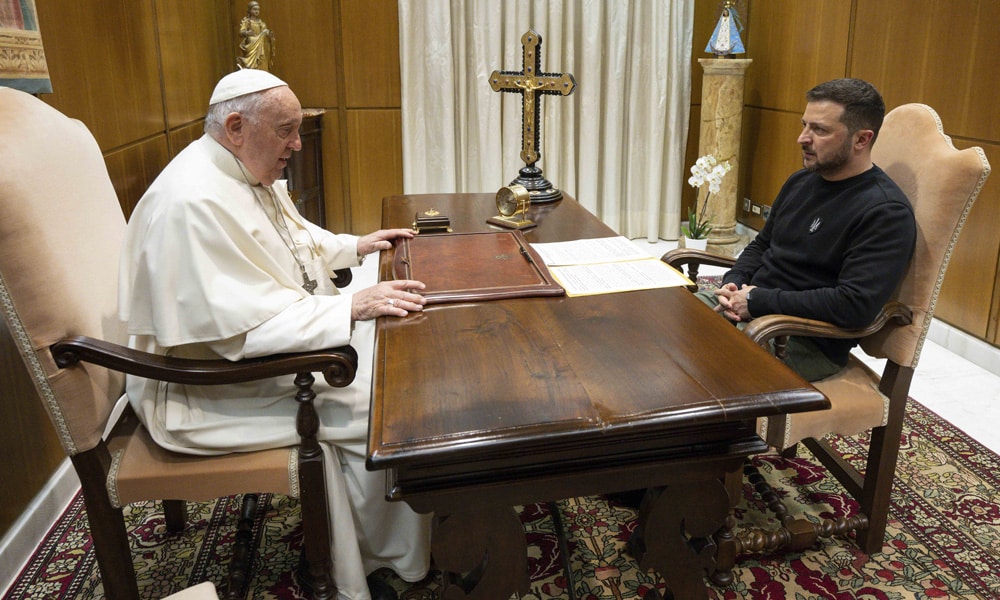 Pope Francis meeting with Ukrainian President Volodymyr Zelensky during a private audience in The Vatican.