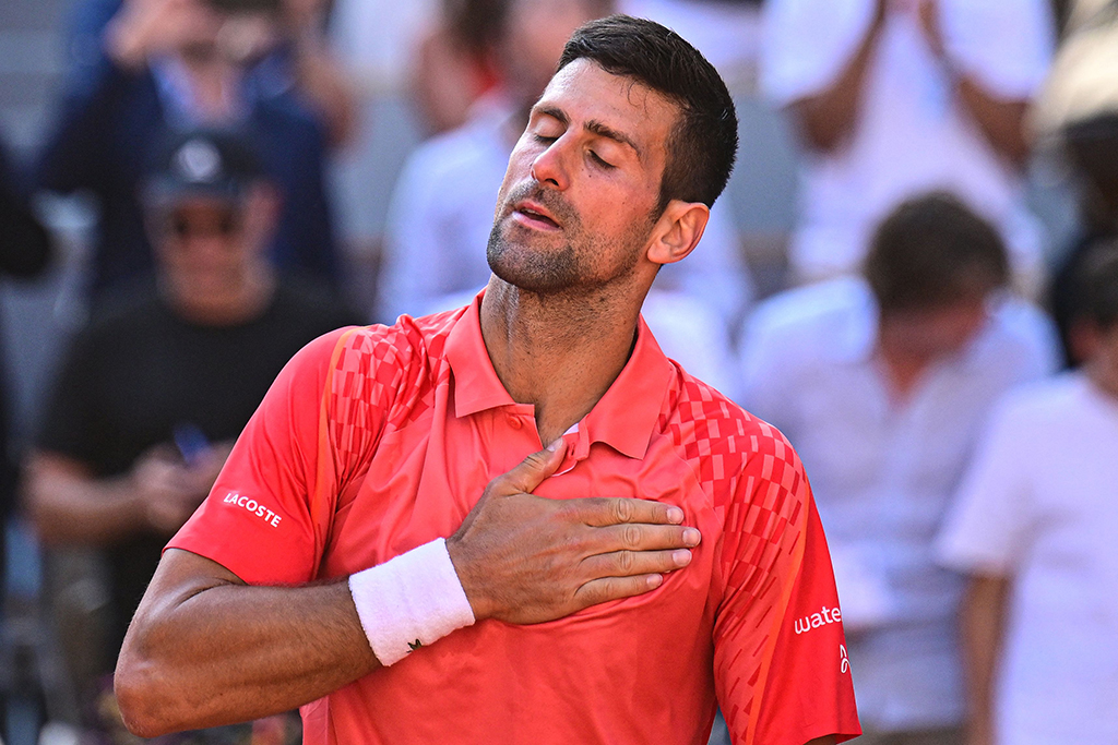 PARIS: Serbia’s Novak Djokovic celebrates his victory over Russia’s Karen Khachanov during their men’s singles quarter final match on June 6, 2023. – AFP