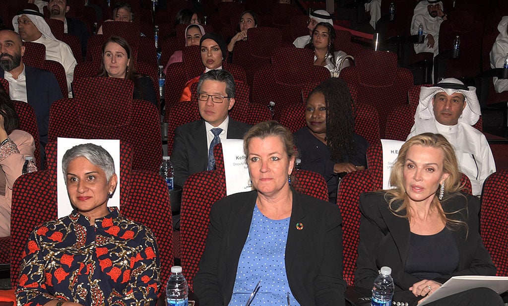 Ambassador Aliya Mawani, Kelly Clements, and Sheikha Rima Al-Sabah watching the film.