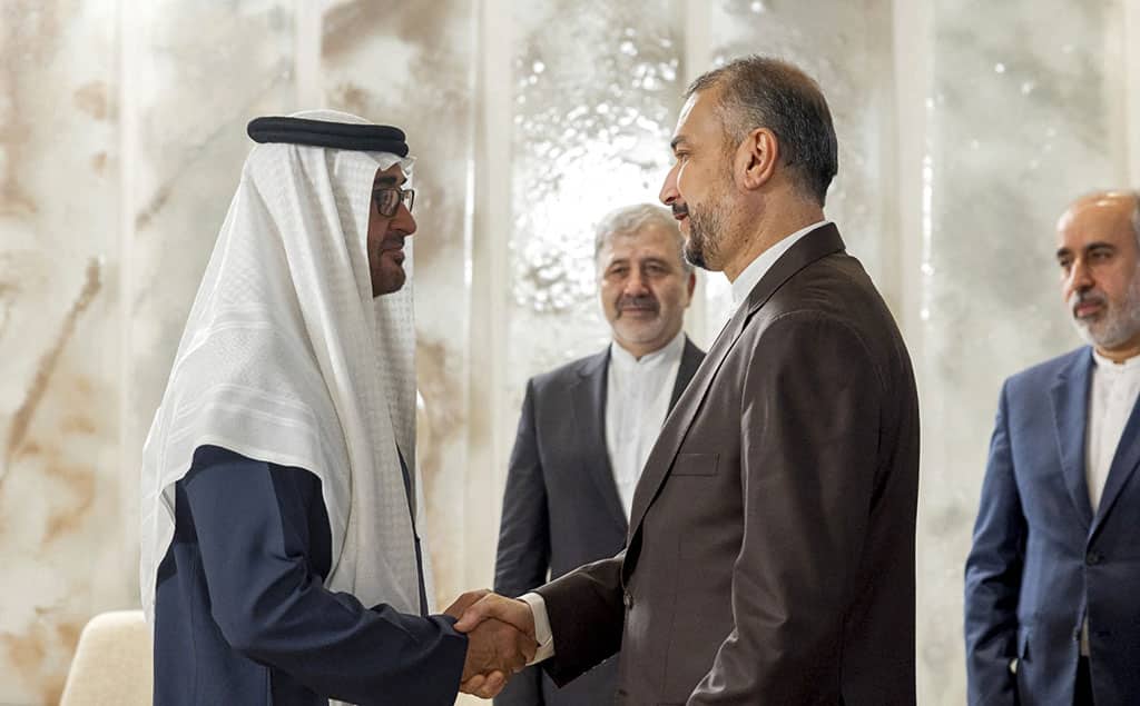 ABU DHABI: UAE President Sheikh Mohamed bin Zayed Al-Nahyan meets Iran's Foreign Minister Hossein Amir-Abdollahian on June 22, 2023. – AFP