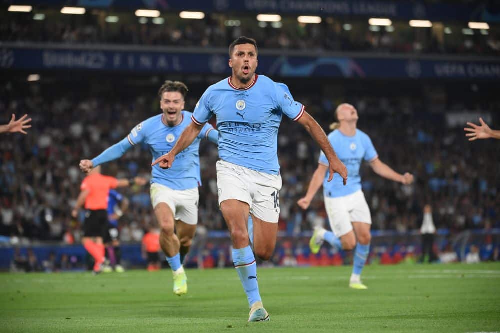 ISTANBUL: Manchester City's Spanish midfielder #16 Rodri (C) celebrates scoring his team's first goal during the UEFA Champions League final football match between Inter Milan and Manchester City at the Ataturk Olympic Stadium in Istanbul, on June 10, 2023. - AFP