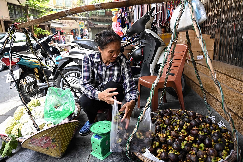 Street vendor Nguyen Thi Vinh sells mangosteens in Hanoi.