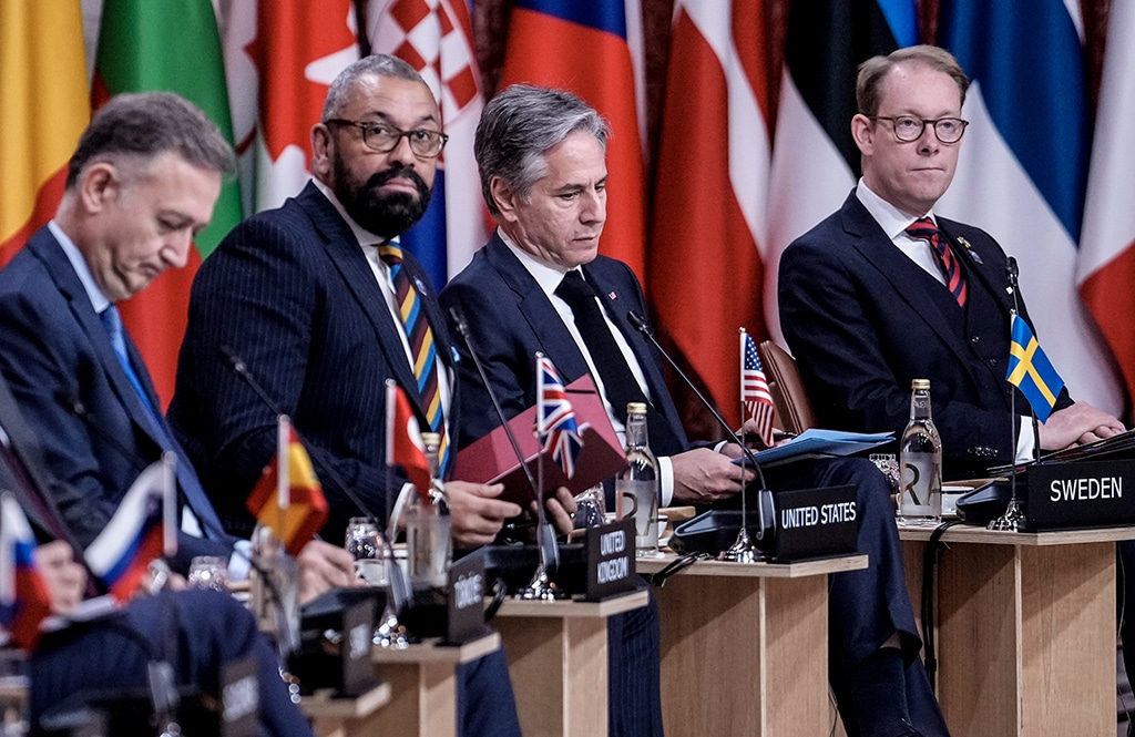 OSLO: (L to R) Turkey's Permanent Representative to NATO Zeki Levant Gumrukcu, Britain's Secretary of State for Foreign, Commonwealth and Development Affairs James Cleverly, US Secretary of State Antony Blinken and Sweden's Foreign Minister Tobias Billstrom attend an informal meeting of NATO Foreign Affairs Ministers at The Oslo City Hall in Oslo. – AFP