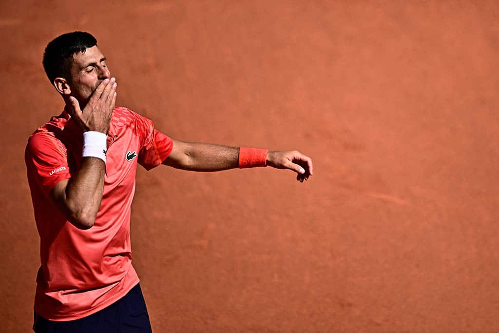PARIS: Serbia's Novak Djokovic sends kisses as he celebrates his victory over Peru's Juan Pablo Varillas on day eight of the Roland-Garros Open tennis tournament at the Court Philippe-Chatrier on June 4, 2023. – AFP