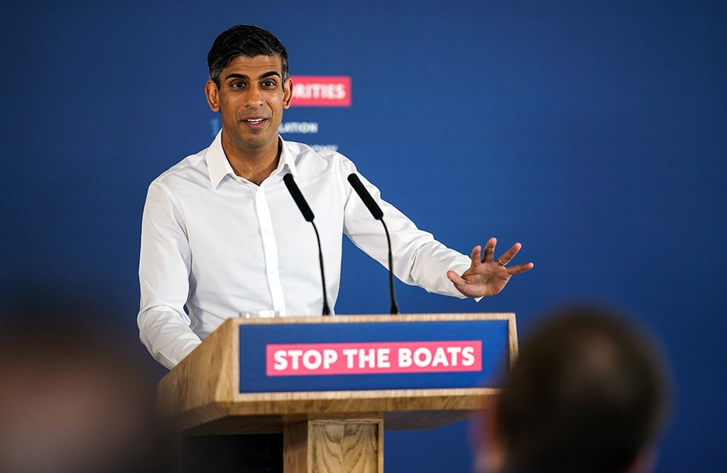 DOVER: Britain's Prime Minister Rishi Sunak speaks during a press conference at Western Jet Foil in Dover, on June 5, 2023, as he gives an update on the progress made in the six months since he introduced the 'Illegal Migration Bill' under his plans to 'stop the boats'. – AFP